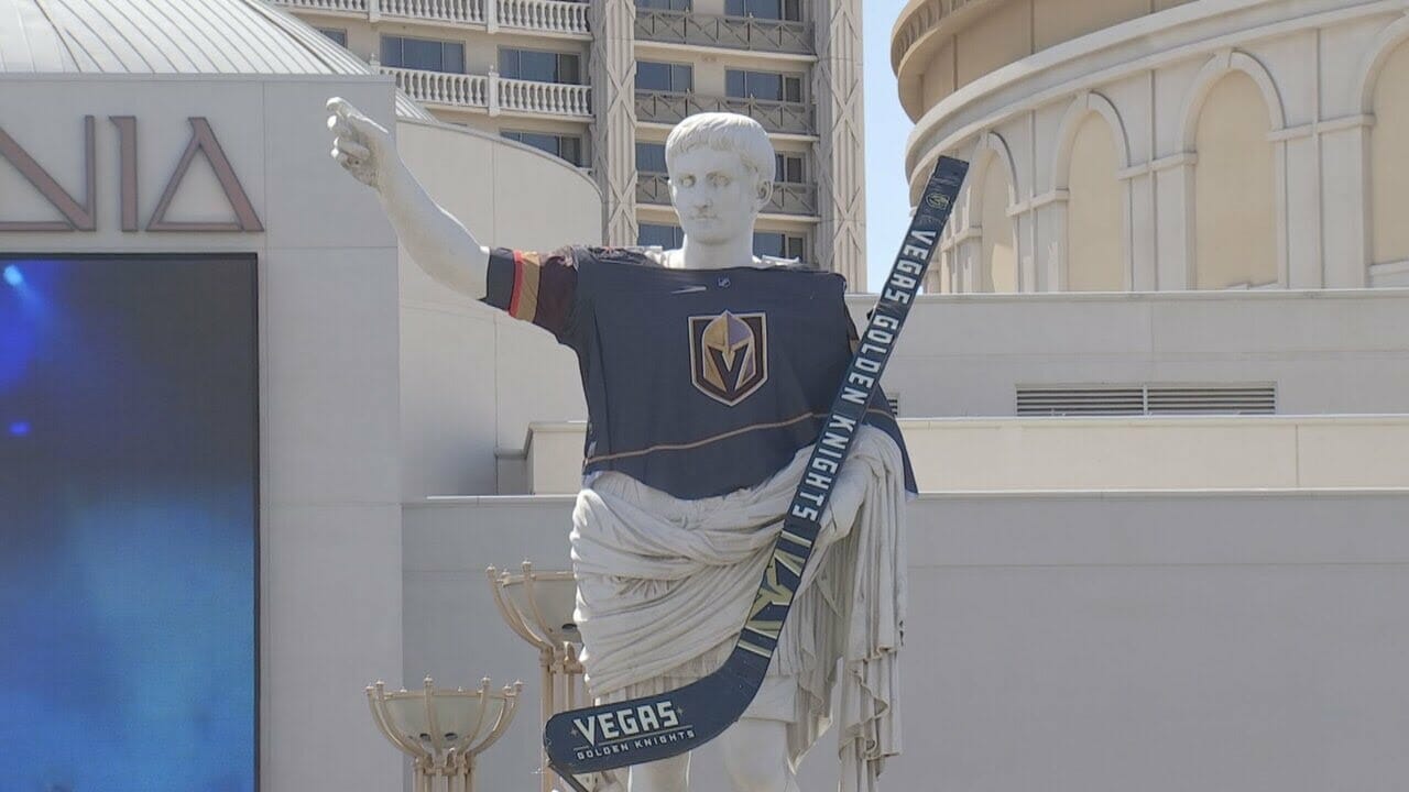 Statue In Front Of Caesars Palace Donning Golden Knights Jersey During Playoffs