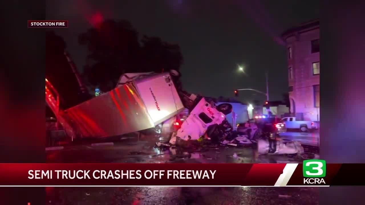 Driver Taken To Hospital After Big Rig Flips Over In Stockton, Hangs Over Offramp