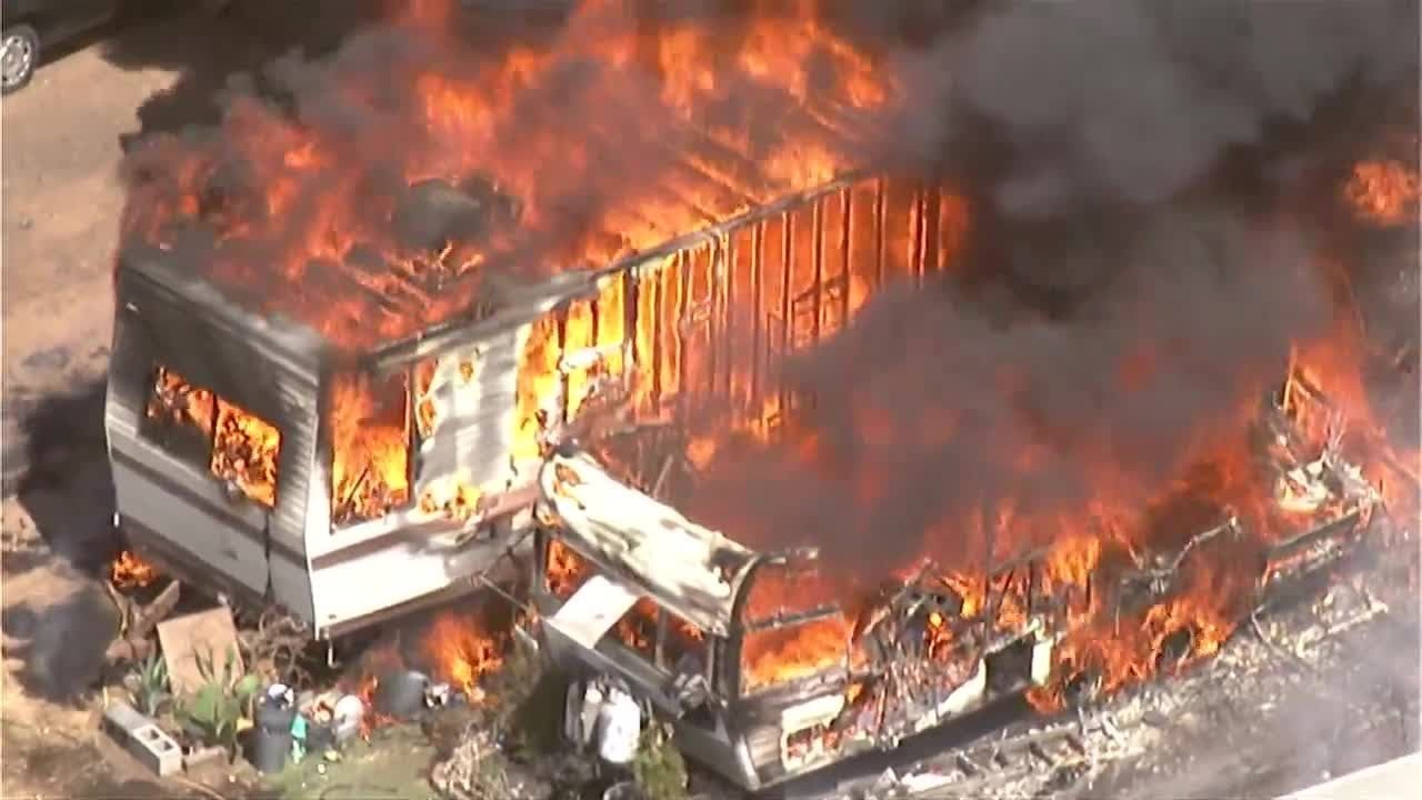 Raw: Trailers Catch Fire In Sacramento County